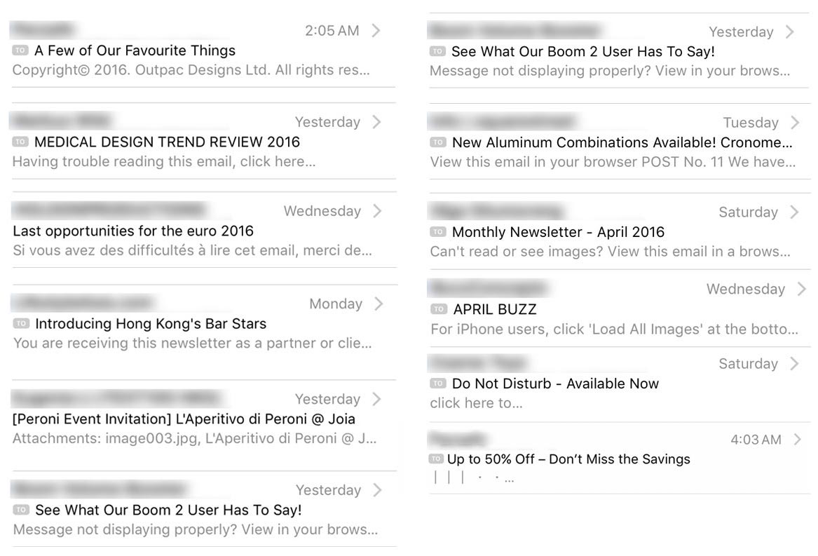 A collection of email previews from Apple's Mail on iOS showing one line of each email