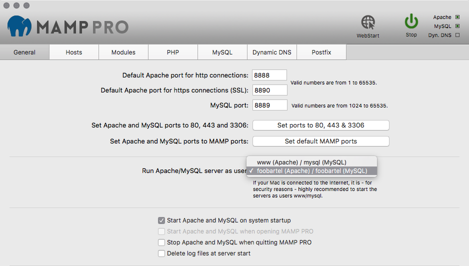 MAMP Pro - General settings screenshot