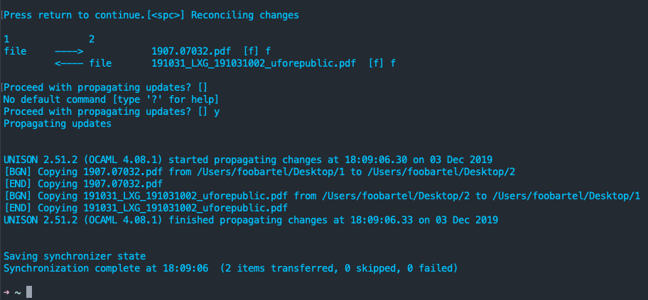 Terminal output of Unison after successfully running the synchronisation command