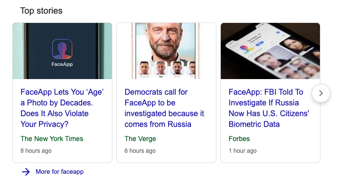 Screenshot of the top stories on FaceApp on Google search