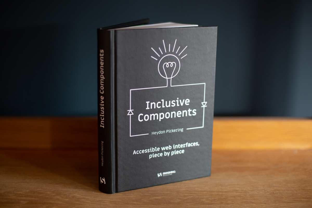 Photo of the Inclusive Components book on a wooden table top