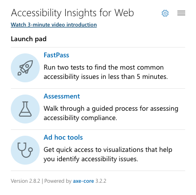 Screenshot of Accessibility Insight’s Launchpad
