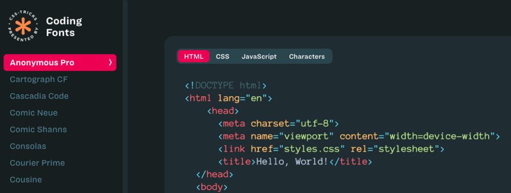 Screenshot of Coding Fonts showing ont list and code preview of a font