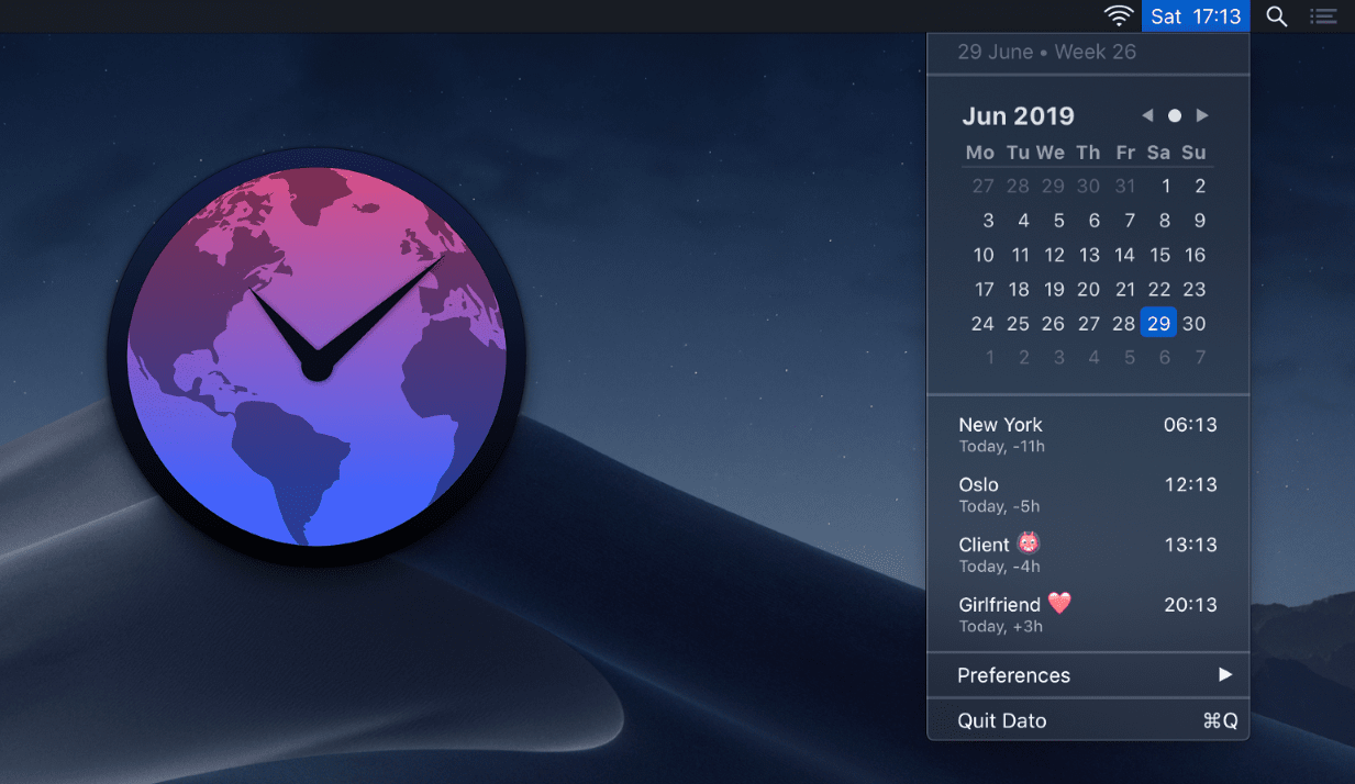 Screenshot of the Dato app as it appears when opened on the macOS menubar