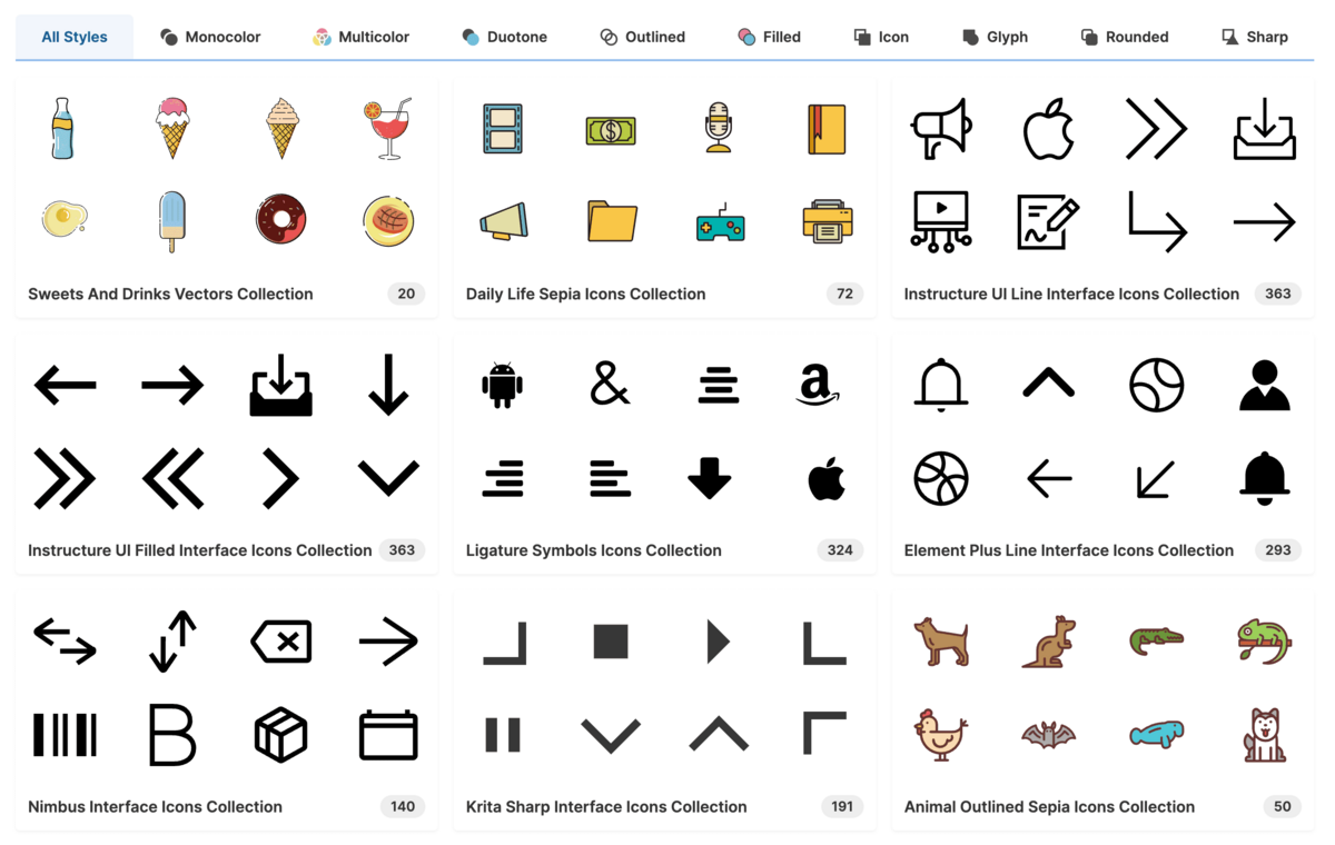 Overview of some of the icons available on SVG Repo
