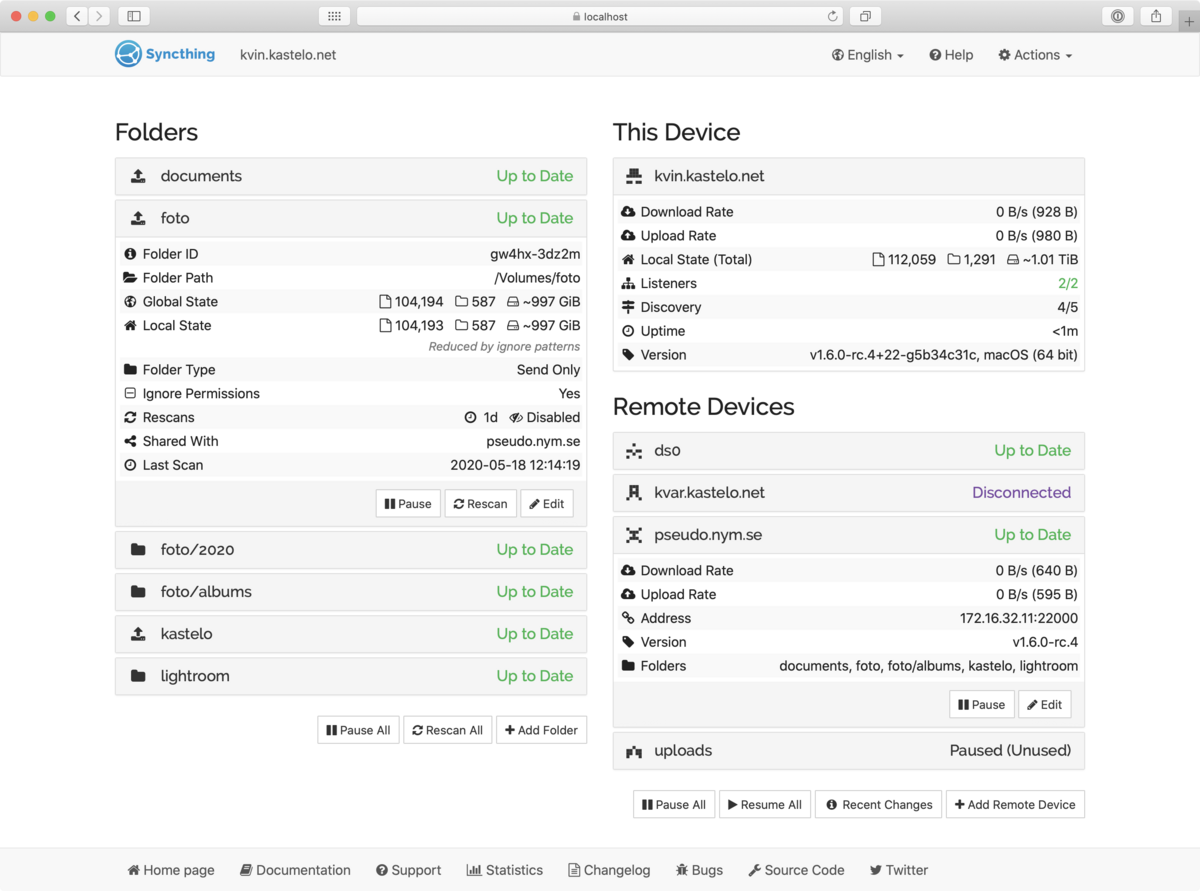 The Syncthing web interface screenshot syncthing.net