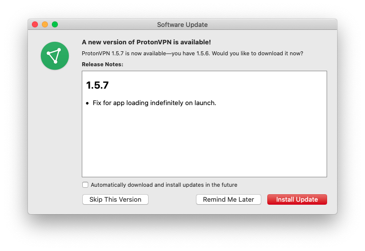 Screenshot of the ProtonVPN macOS app update dialog