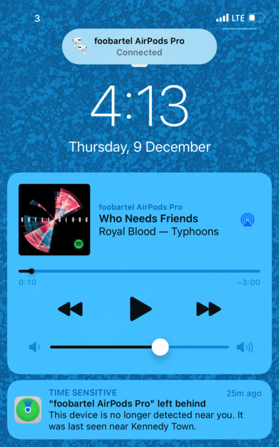 iOS lock screen showing notifications on AirPods left behind and AirPods connected at the same time